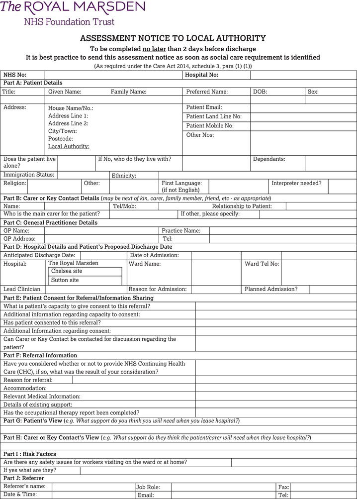 Example of a Social Services Assessment Notification form.