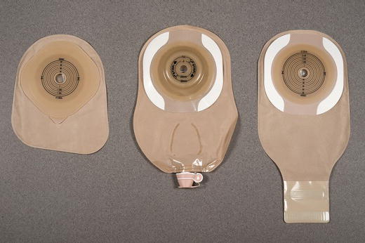 Examples of stoma pouches. (a) Closed pouch. (b) Urostomy pouch. (c) Drainable pouch.