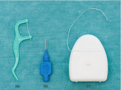 Examples of interdental cleaning products. (a) Disposable flosser. (b) Interdental brush. (c) Dental floss.