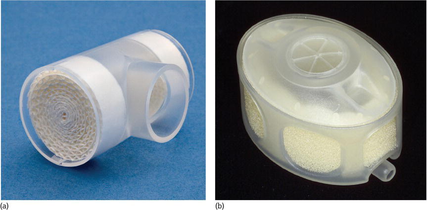 Heat and moisture exchanger for a tracheostomy tube. (a) Swedish nose. (b) Trachphone.