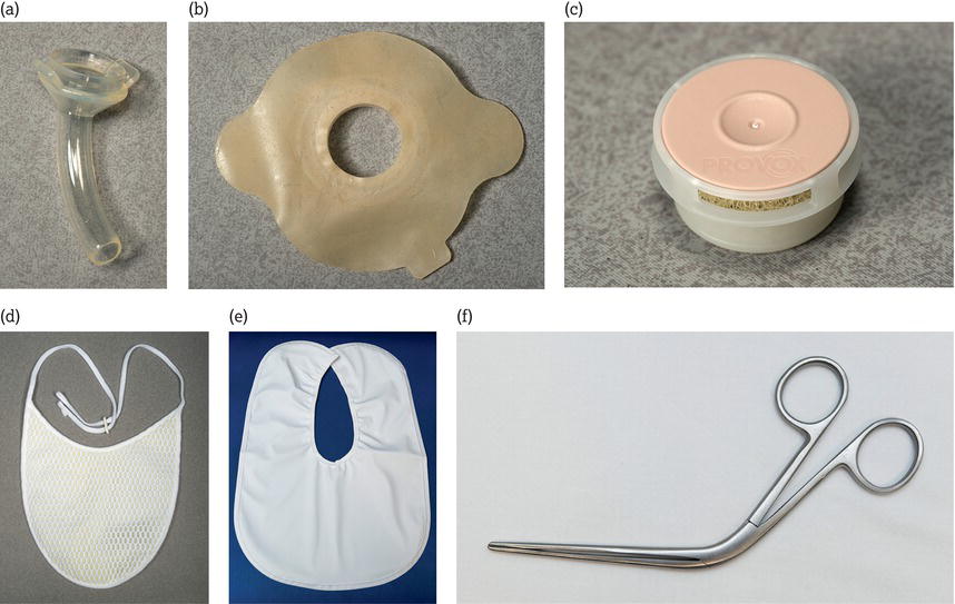 Larnyngectomy devices. (a) Laryngecomy tube. (b) Baseplate. (c) Filter cassette. (d) Stoma covers. (e) Shower aid. (f) Tilley's forceps.