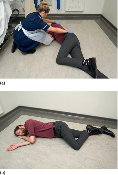 (a) Assisting the patient into the recovery position. (b) The patient in the recovery position.