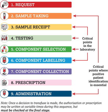 Vital steps involved in the transfusion of blood components. 
Source: Reproduced from Bolton‐Maggs () with permission of Serious Hazards of Transfusio