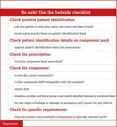 Bedside checklist. 
Source: Reproduced from Bolton‐Maggs () with permission of Serious Hazards of Transfusion.