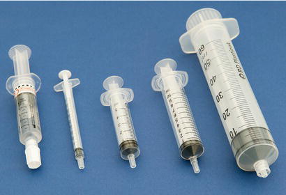 Syringes: Luer‐Lok (far left and far right) and Luer‐Slip (middle three).