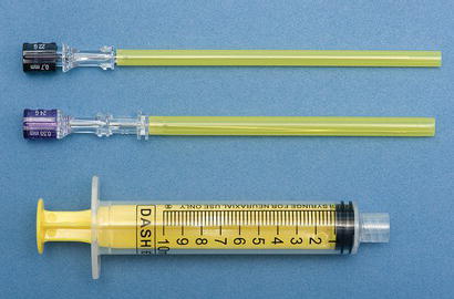 Lumbar puncture needles and intrathecal syringe.