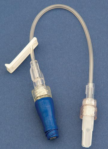 Extension set with needle‐free injection cap.