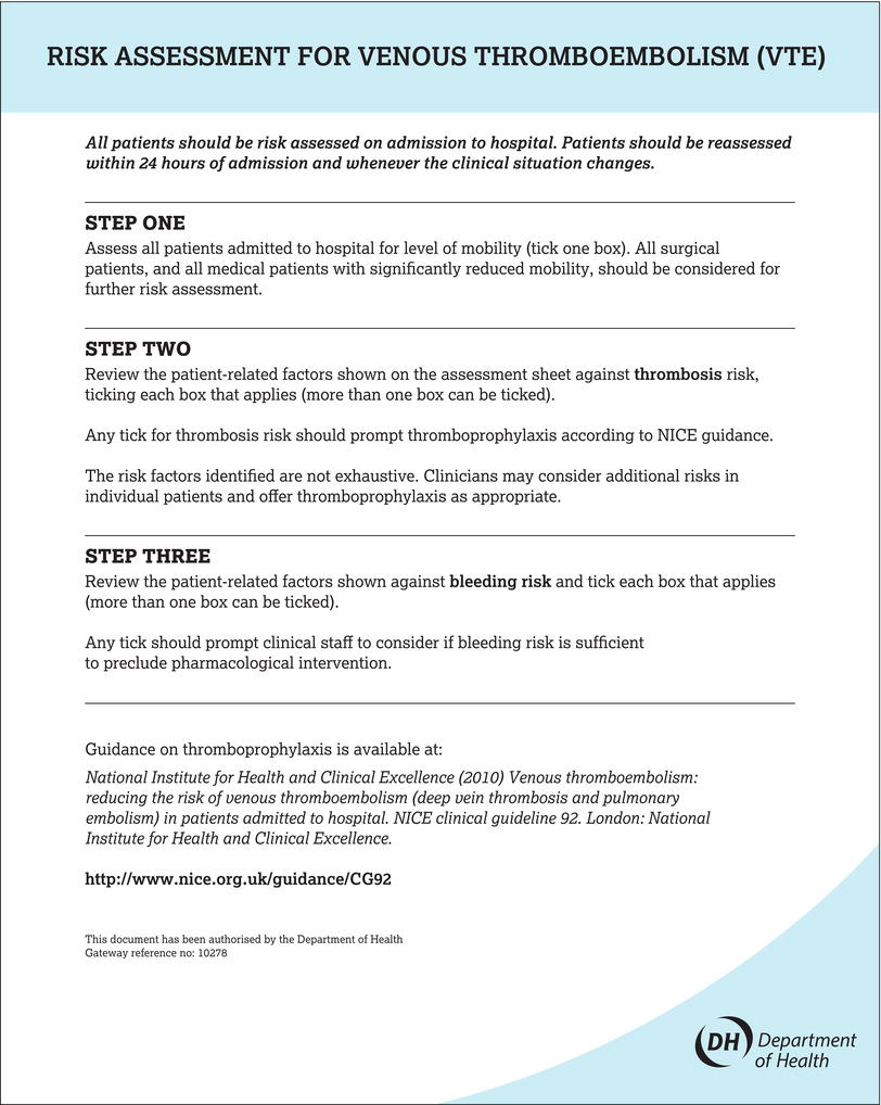 Example of a venous thromboembolism (VTE) risk assessment form. Source: Reproduced from DH () with permission of the National Institute for Health and