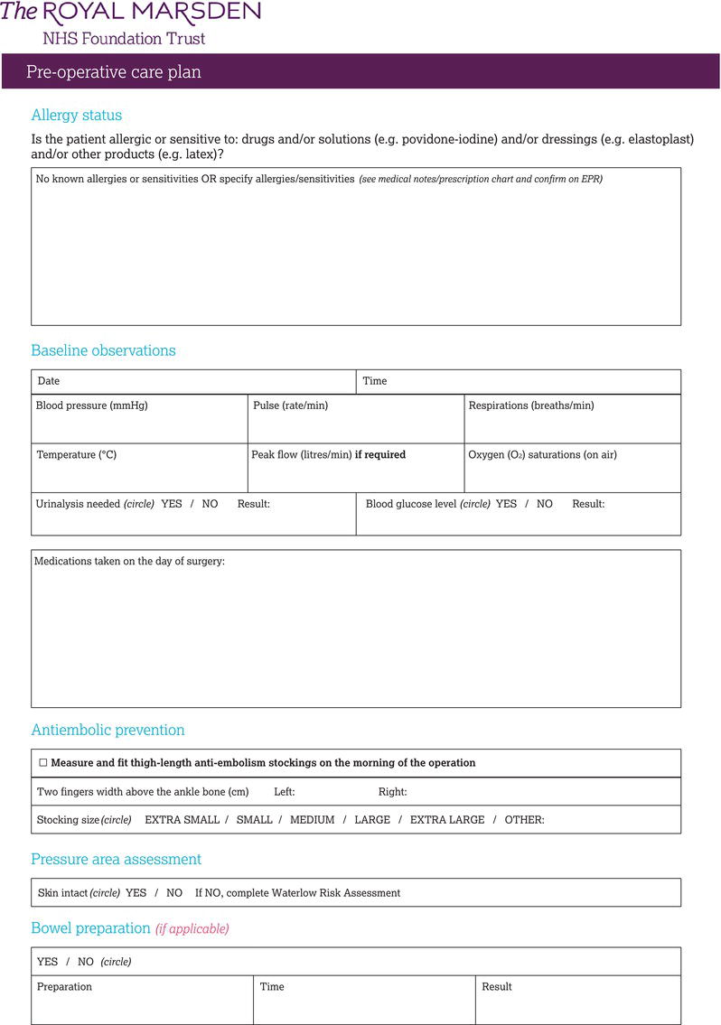 Example of a pre‐operative and theatre checklist.