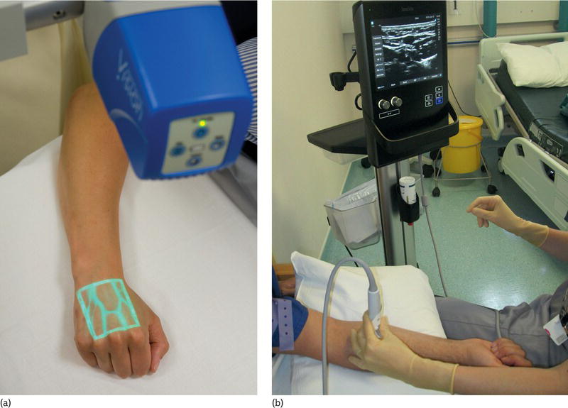 (a) Vein visualization device. (b) Vascular access ultrasound scanner.