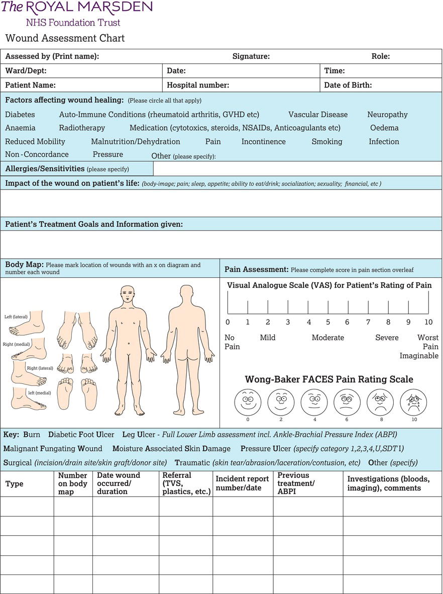 Wound assessment chart. 
Source: Reproduced with permission of The Royal Marsden NHS Foundation Trust.