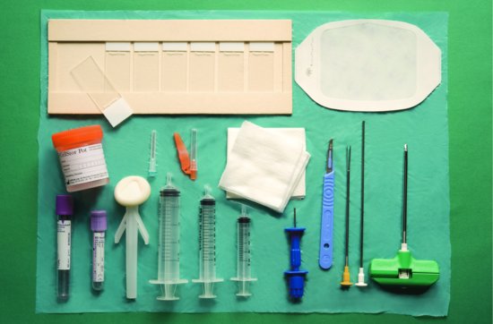 Bone marrow biopsy equipment including antiseptic skin cleaning agent with sponge applicator, selection of syringes for bone marrow sampling and admin