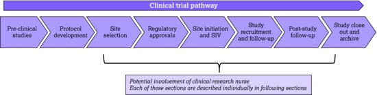 A clinical trial pathway that highlights the areas that are specific to research nurses. Source: Adapted from NIHR clinical trials toolkit (NIHR ).