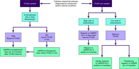 Algorithm for managing central venous access device (CVAD) related thrombosis. LMWH, low molecular weight heparin.