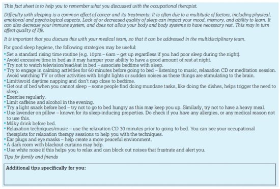 Occupational therapy program – tips and strategies for improving sleep. Source: The Royal Marsden Hospital NHS Foundation Trust ().